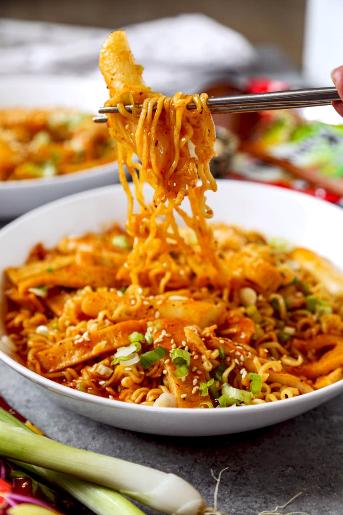 Korean ramen with tteokbokki (rice cakes) rabokki